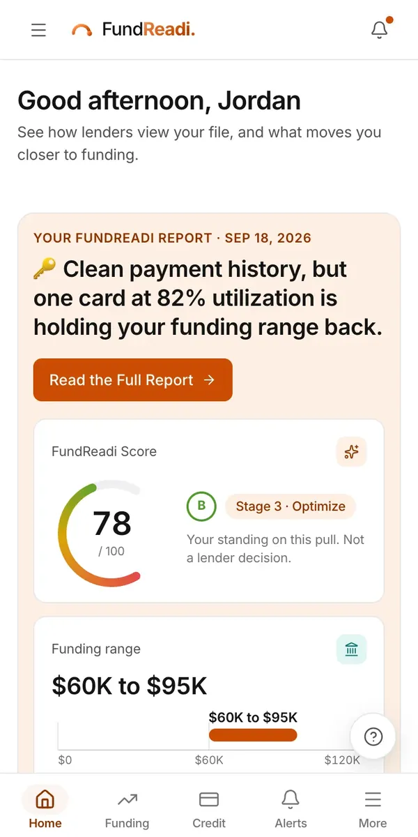 FundReadi Home on a phone for a sample member, with the report headline and the FundReadi Score.