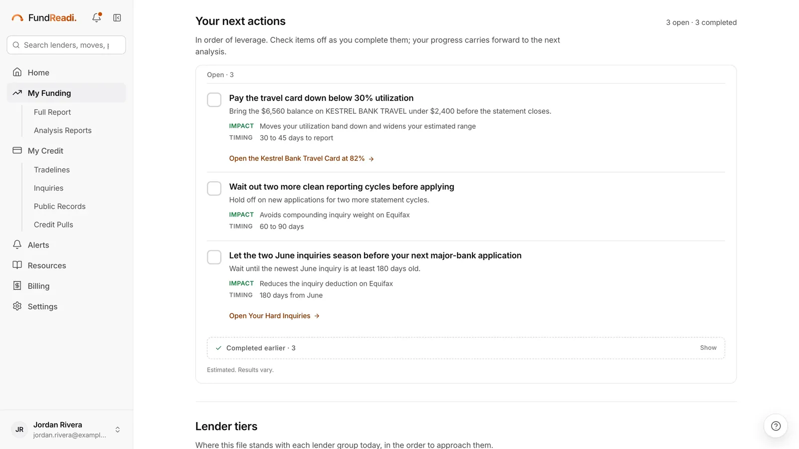 Next actions for a sample member, each with its impact and timing.