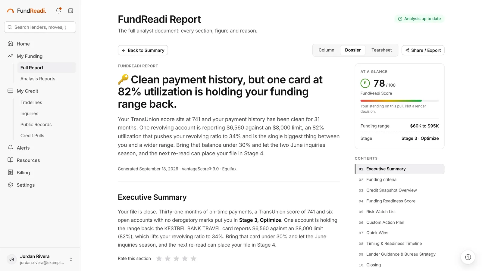 A sample FundReadi Report with its headline, at-a-glance panel and contents list.