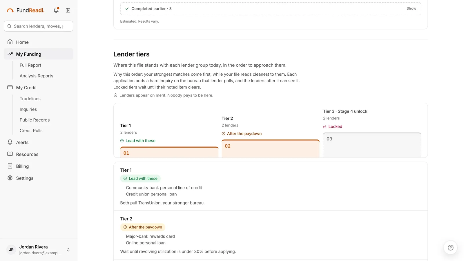 Lender tiers for a sample file, from Tier 1 to lead with to Tier 3, locked until Stage 4.